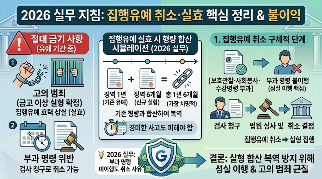 집행유예 취소 실효 : 유예 기간 중 절대 금기 사항 요약 정리
